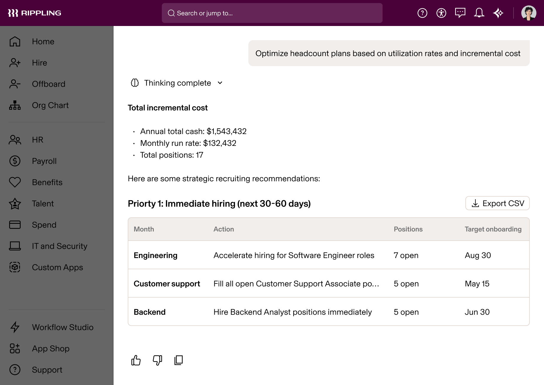 Rippling dashboard showing AI-generated headcount plan with cost summary and a hiring priority table for Engineering, Support, and Backend roles.