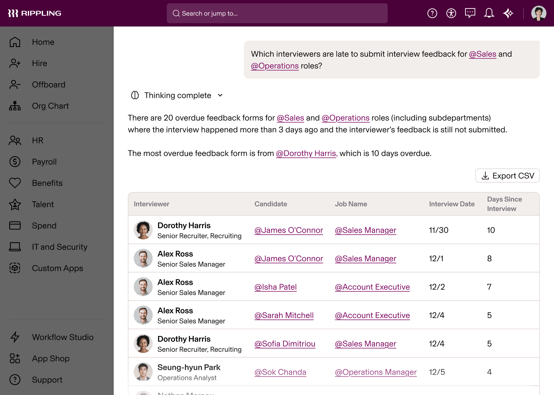 AI report listing overdue interview feedback.