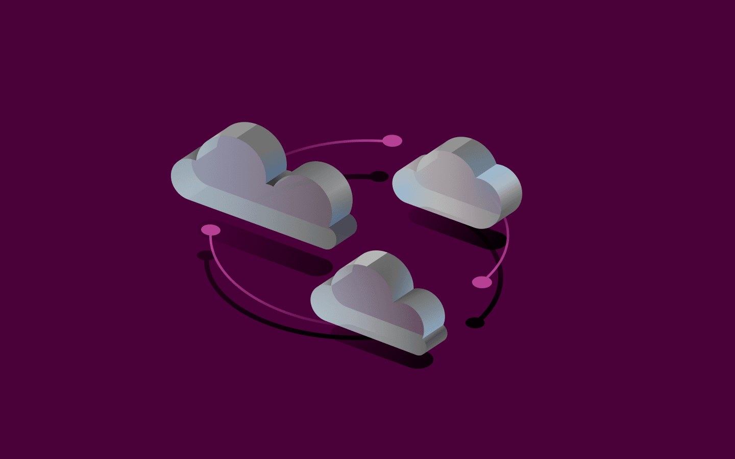 Three 3D cloud icons connected by pink and black lines on a deep purple background, illustrating cloud networking.