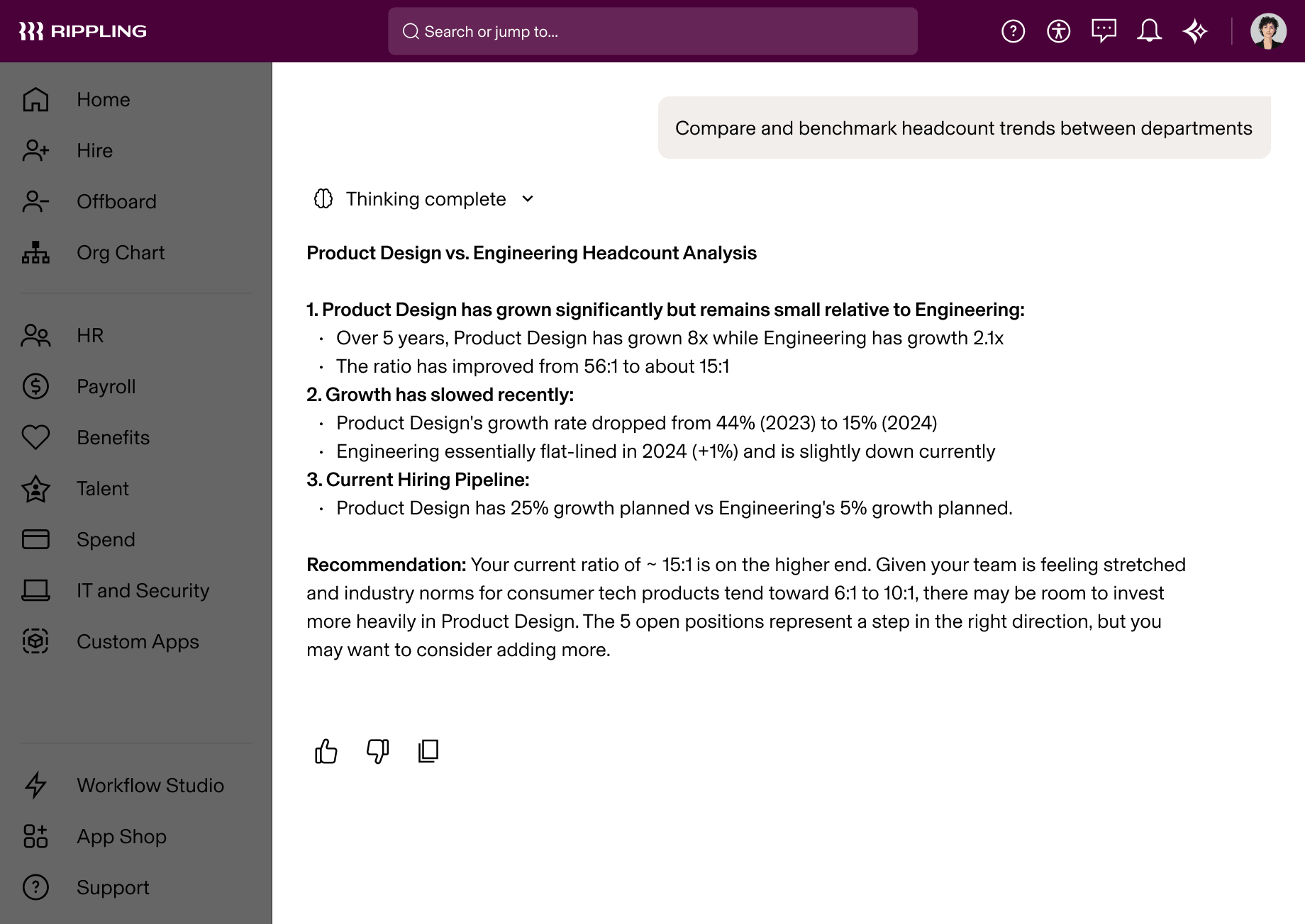 Rippling dashboard showing an AI-generated headcount analysis comparing Product Design vs. Engineering growth trends and hiring recommendations.