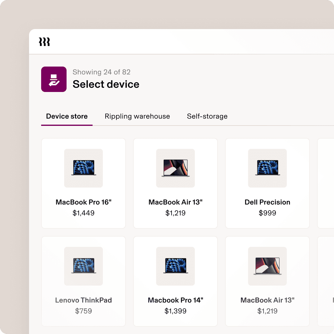 Device selection interface showing laptop options including MacBook Pro, MacBook Air, Dell Precision, and Lenovo with prices.