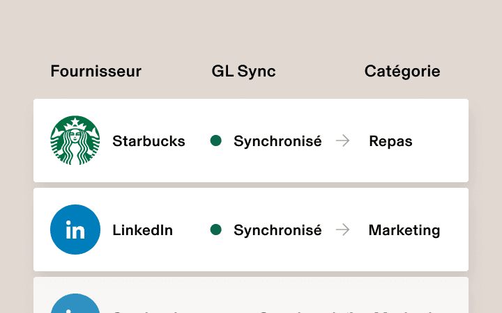 Interface sur laquelle est affiché le statut de synchronisation des fournisseurs ; Starbucks et LinkedIn sont respectivement classés dans les catégories Repas et Marketing.