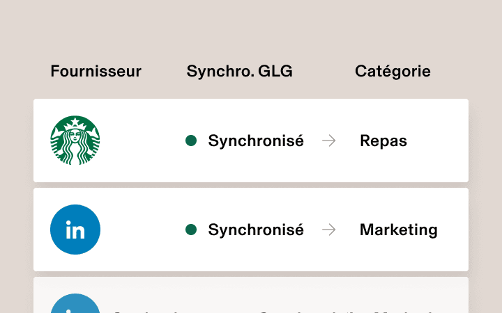 Interface affichant l’état de synchronisation des fournisseurs avec Starbucks et LinkedIn, tous deux synchronisés dans les catégories Repas et Marketing.