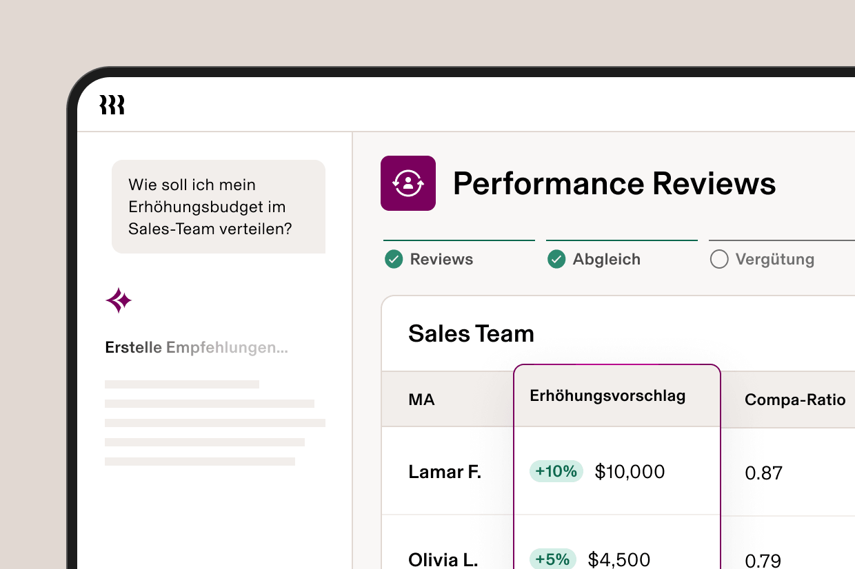 A performance reviews dashboard showing AI-generated merit increase recommendations for a sales team with employee data.