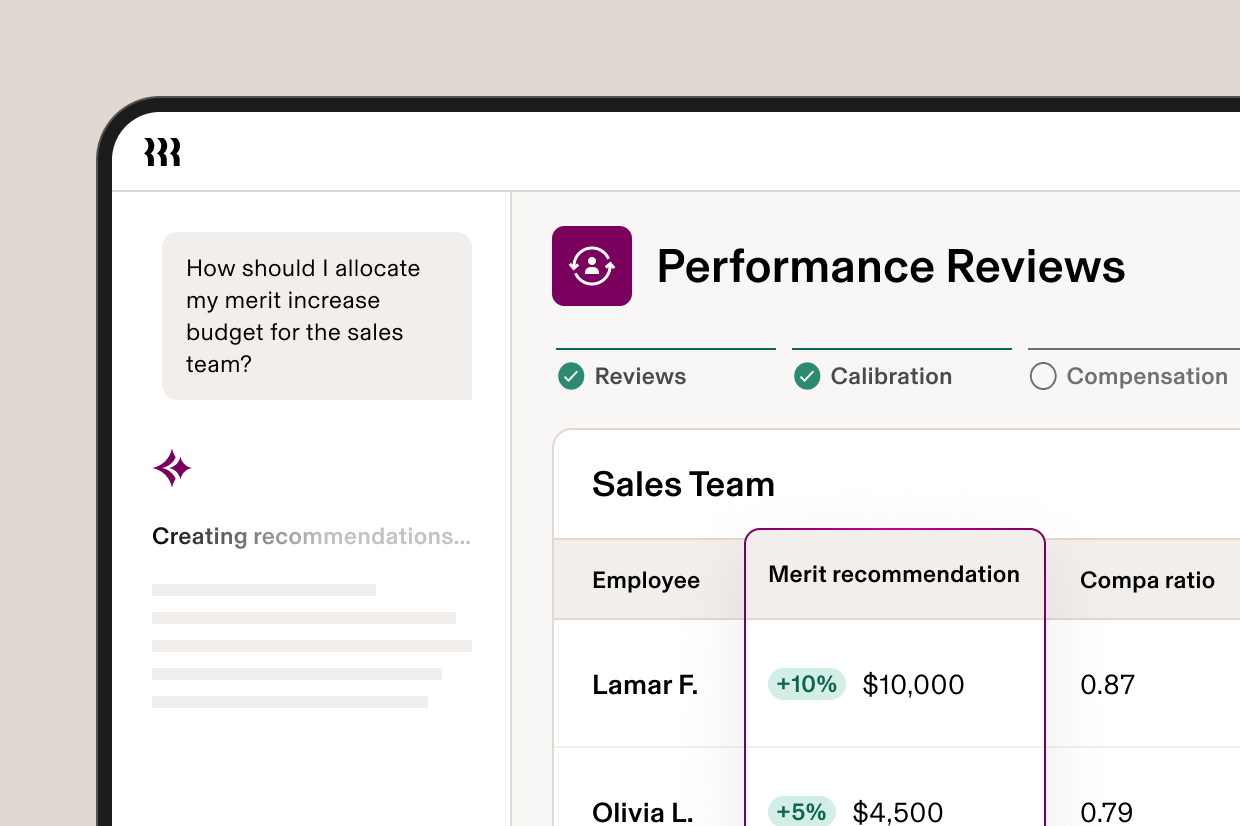 A performance reviews dashboard showing AI-generated merit increase recommendations for a sales team with employee data.