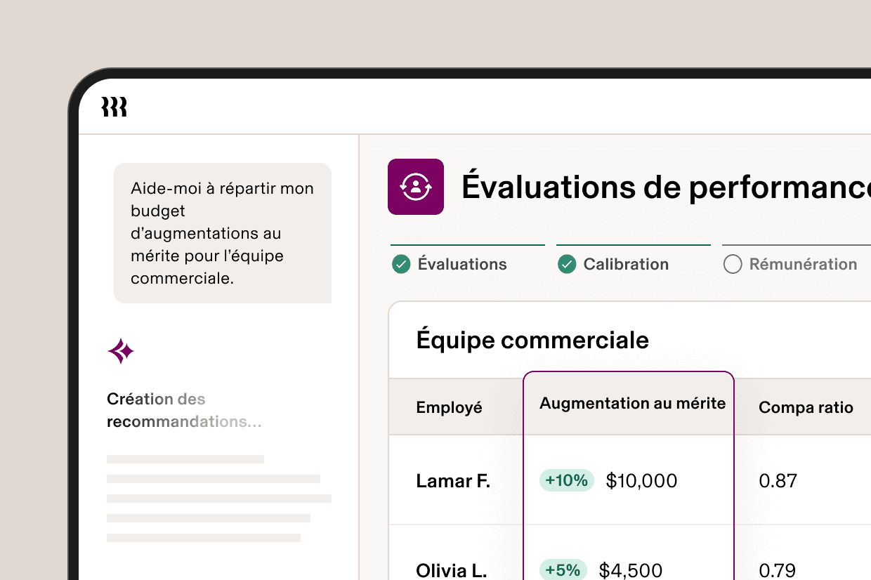A performance reviews dashboard showing AI-generated merit increase recommendations for a sales team with employee data.