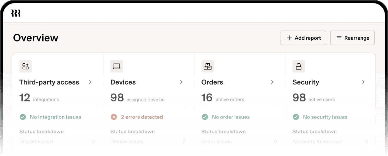 Screenshot of overview cards for access, devices, orders, and security in Rippling