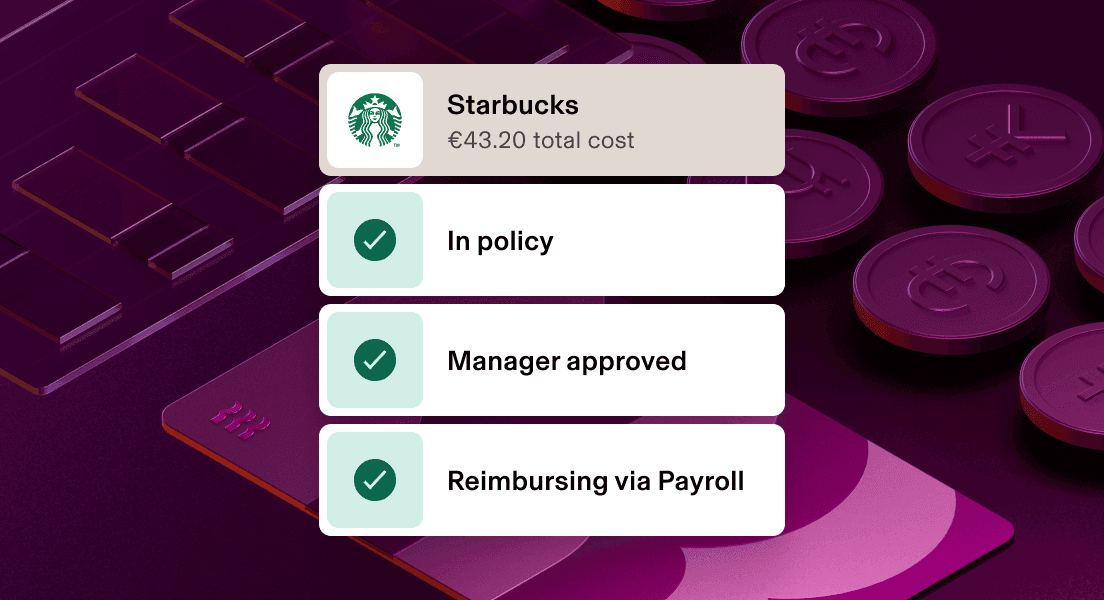 Mobile expense app showing approved Starbucks purchase of $44.20 with policy status and payroll reimbursement.