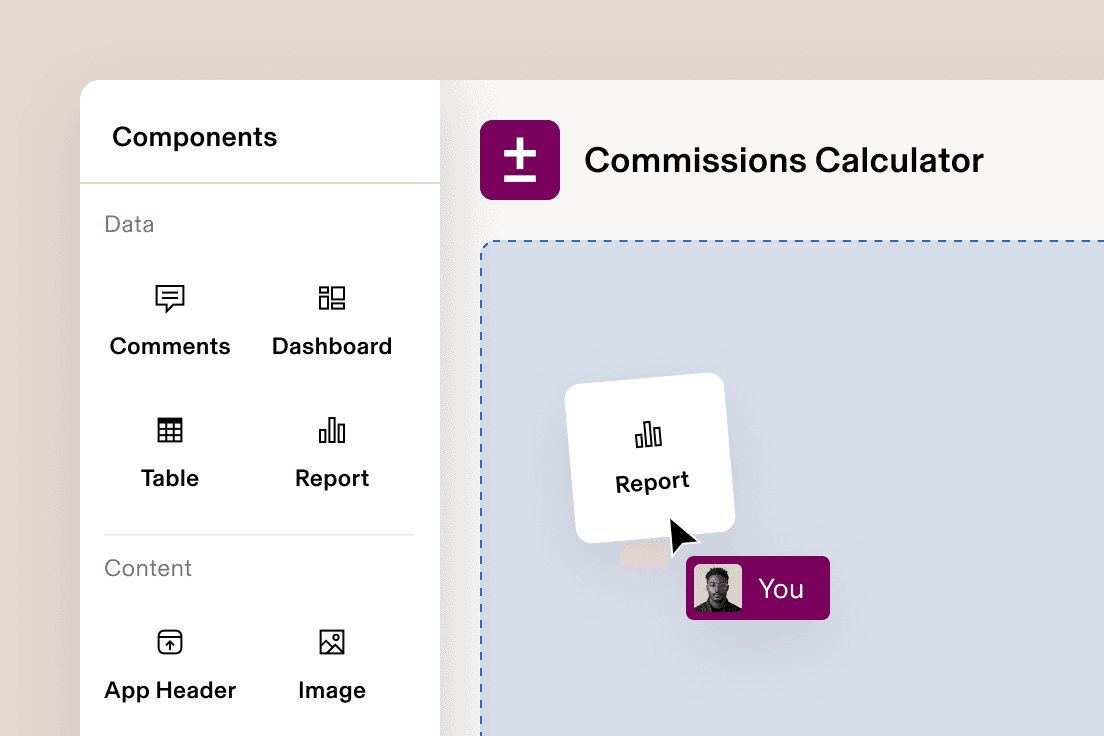 Commissions Calculator builder with a Report component being dragged onto the canvas.
