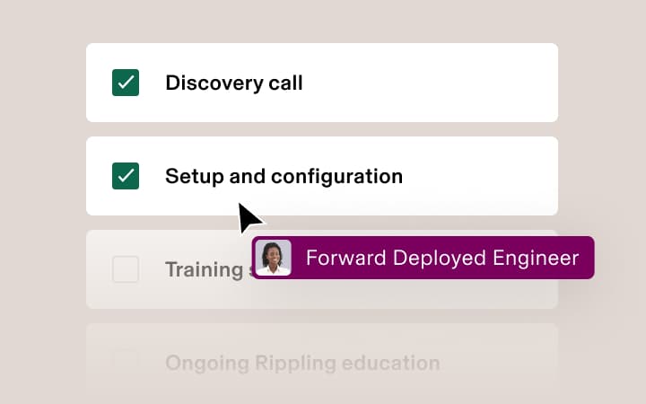 Checklist showing completed "Discovery call" and "Setup and configuration" items with "Forward Deployed Engineer" button highlighted.