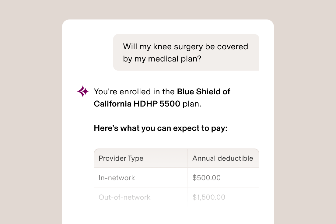 AI chat interface showing knee surgery coverage query with deductible details: $500 in-network, $1,500 out-of-network.