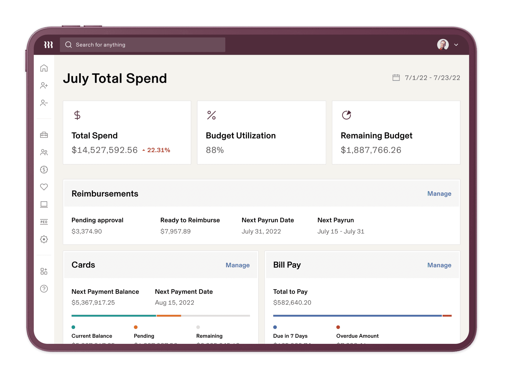 July total spend dashboard with reimbursements, cards, and bill pay