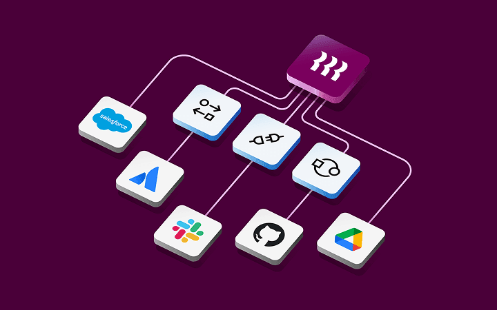 Illustration of multiple app and workflow icons connected to a central platform, representing integrations across tools like Salesforce, Jira, Slack, GitHub, and Google Drive