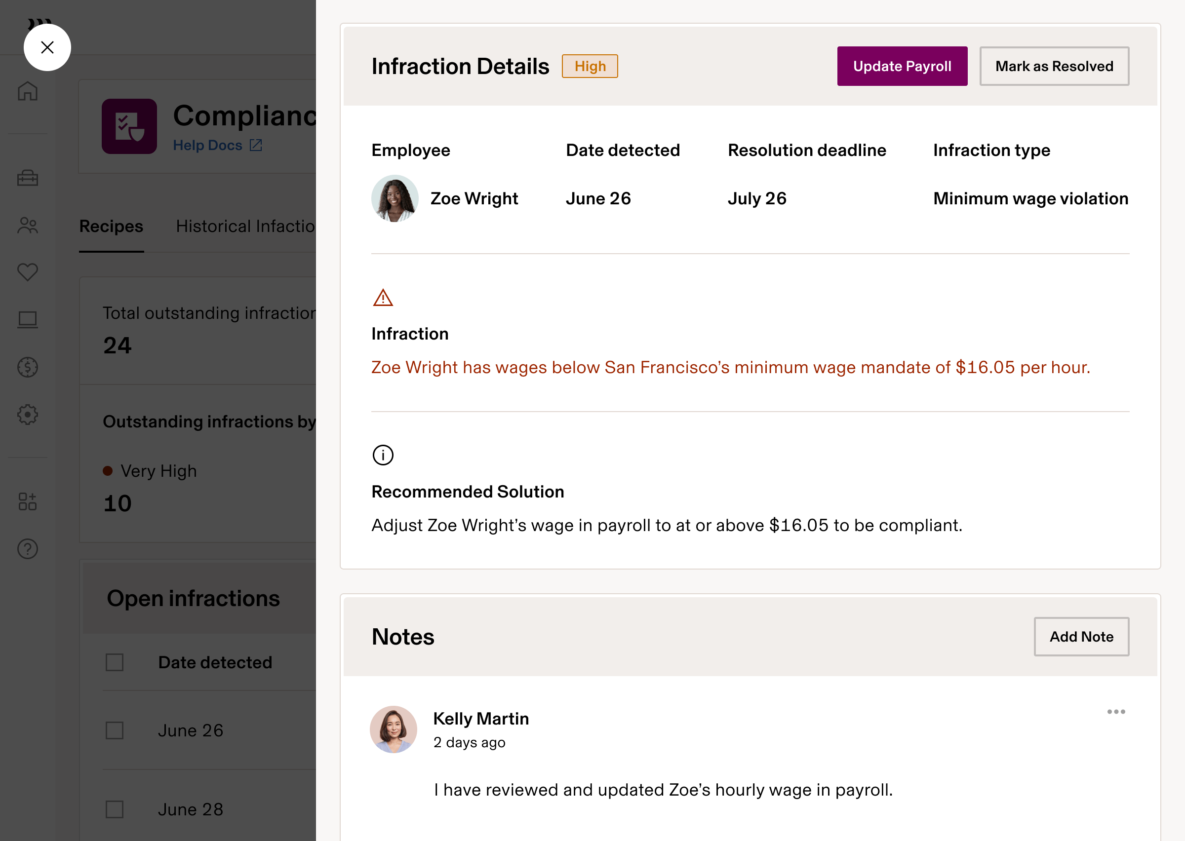 HR compliance dashboard showing minimum wage violation details for an employee with resolution recommendations.