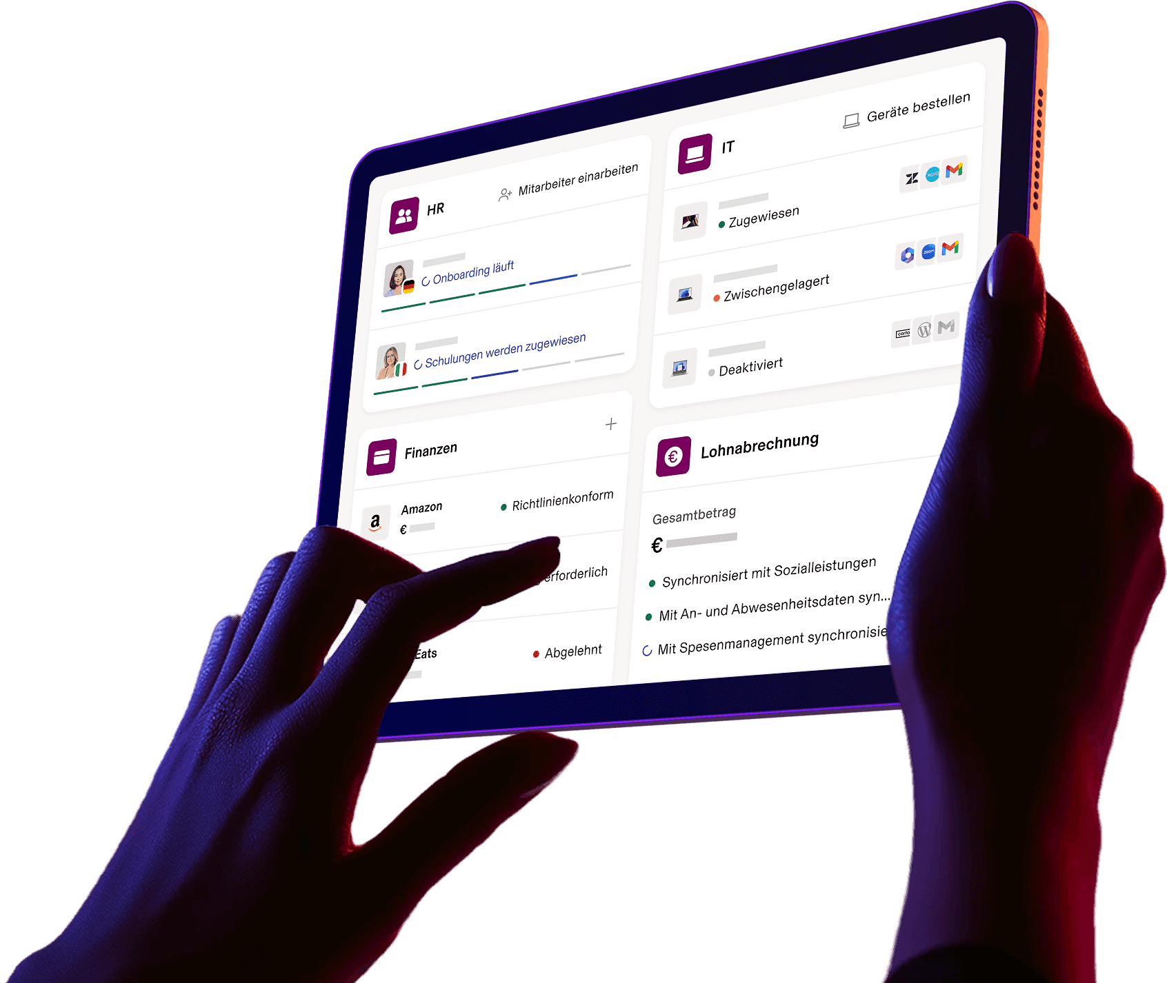 Foto von zwei Händen, die ein Tablet mit einem Rippling-Dashboard halten, das die Apps HR, IT, Finanzen und Payroll zeigt