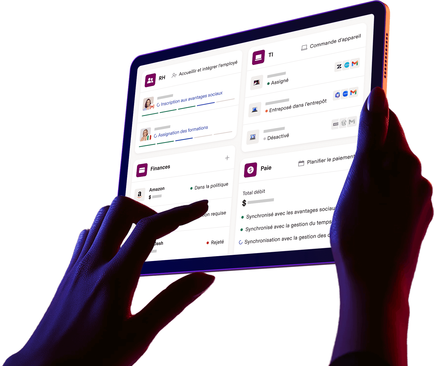 Photo de deux mains tenant une tablette sur laquelle un tableau de bord Rippling est affiché, avec des sections pour les applications RH, TI, Finances et Paie