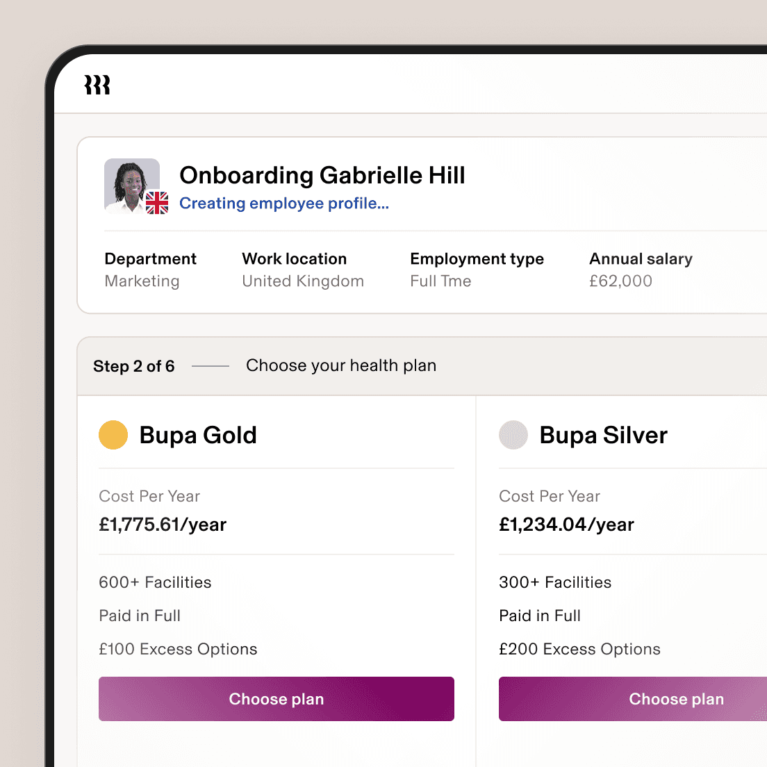 Rippling screenshot on a tablet showing a screen titled Onboarding Gabrielle Hill with text that says "Creating employee profile ..." and "Step 2 of 6 - Choose Your Health Plan" with two options: Bupa Gold and Bupa Silver