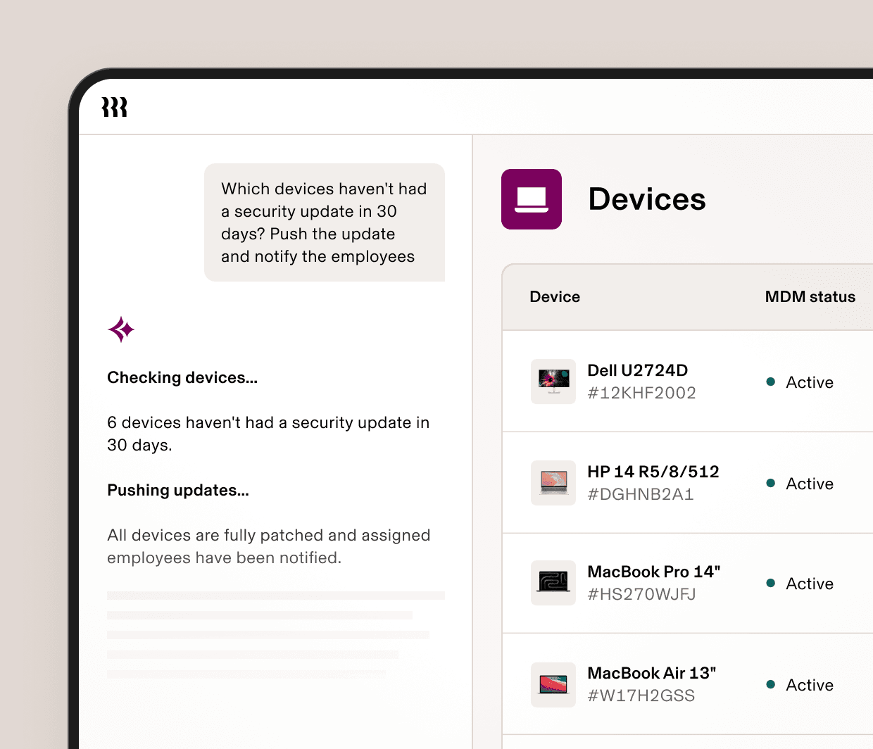 Screenshot of a device management dashboard in Rippling showing pending security updates across company laptops, with an automated workflow checking devices, pushing updates, and notifying employees