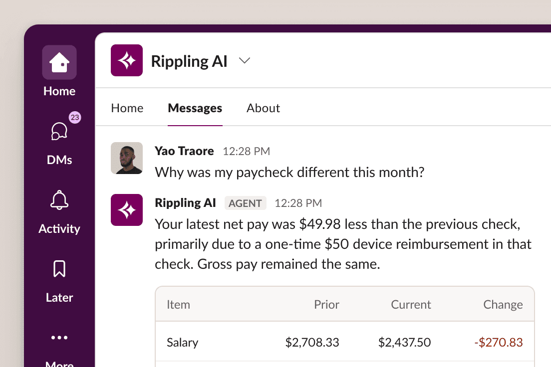 Rippling AI chat interface showing an AI agent explaining a paycheck difference to an employee, with a salary comparison table.