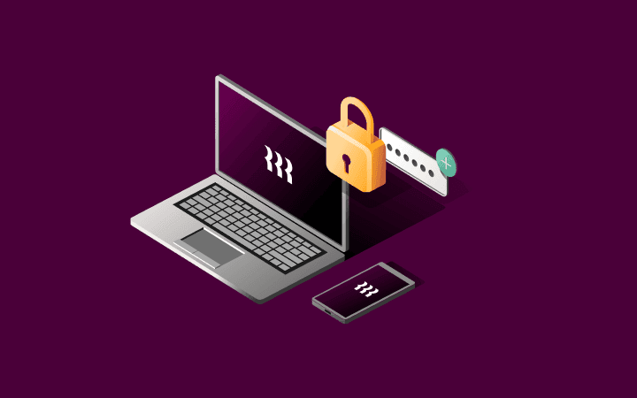 Laptop, phone, padlock, and password field on dark purple.