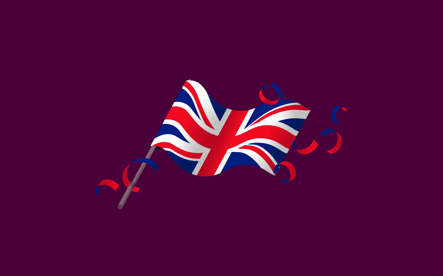 British Union Jack flag waving with decorative red and blue ribbons against a deep purple background.