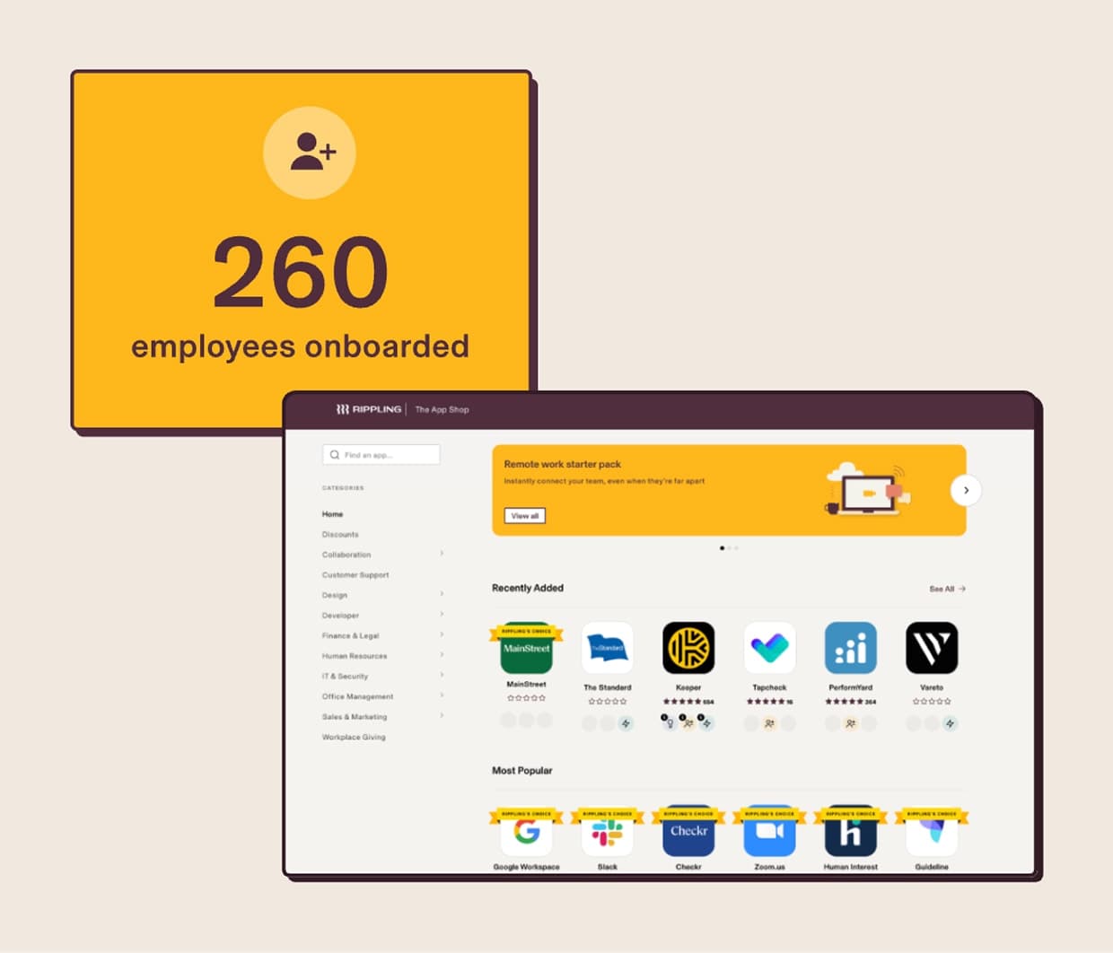 Text reading “260 employees onboarded” above an app marketplace