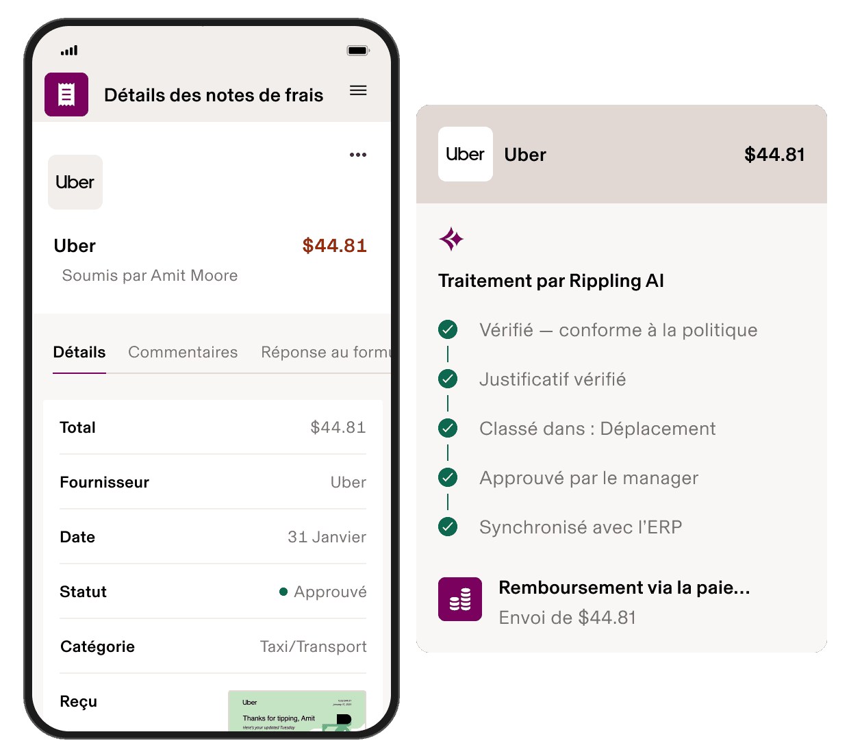 Mobile expense management interface in Rippling showing an Uber expense report alongside an AI processing panel with completed verification, approval, categorization, and payroll reimbursement steps
