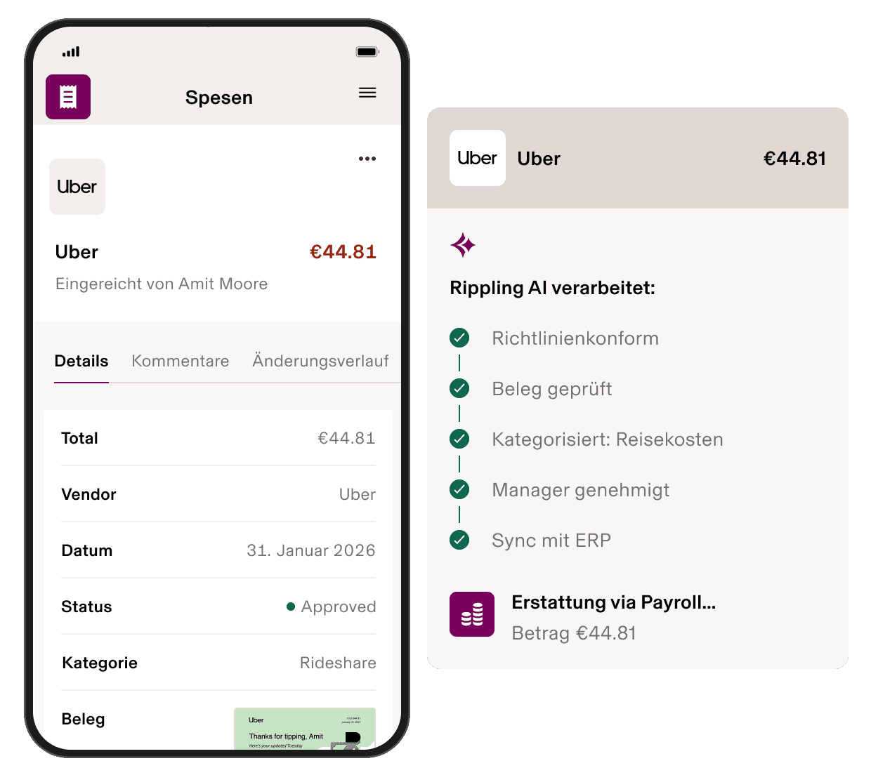 Mobile expense management interface in Rippling showing an Uber expense report alongside an AI processing panel with completed verification, approval, categorization, and payroll reimbursement steps