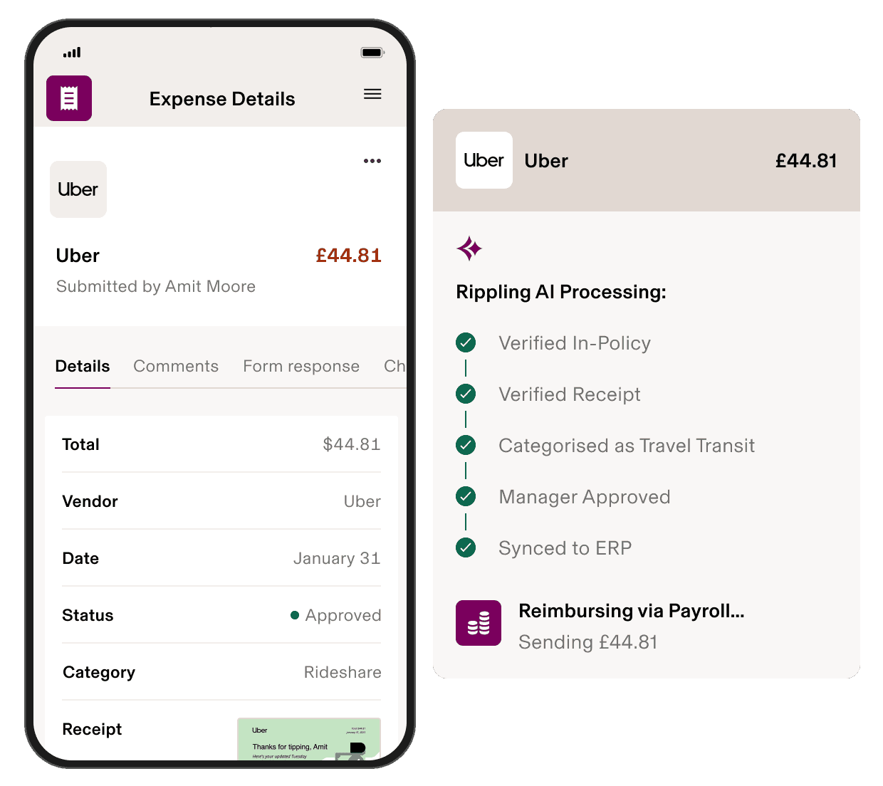 Mobile expense management interface in Rippling showing an Uber expense report alongside an AI processing panel with completed verification, approval, categorization, and payroll reimbursement steps