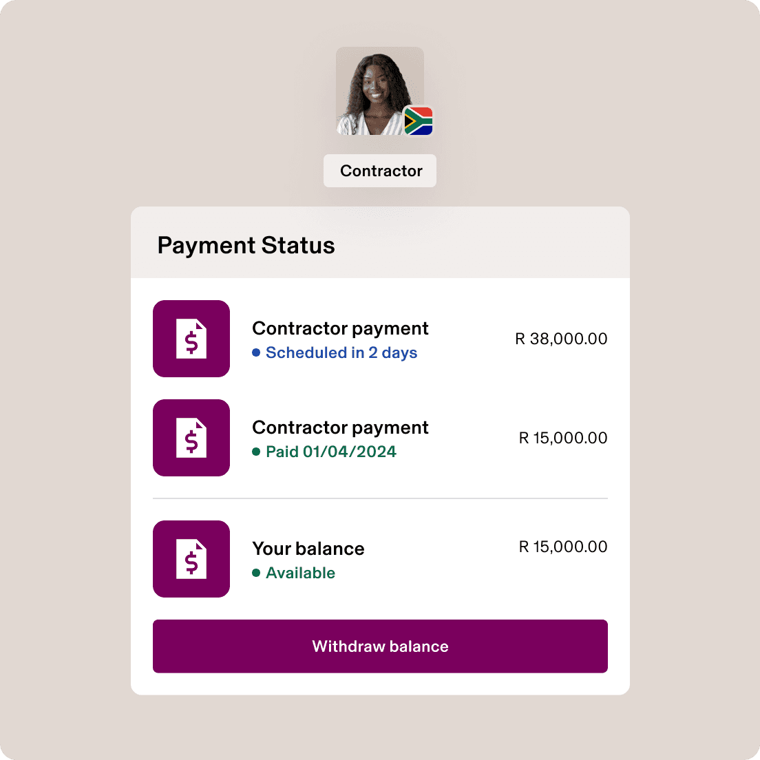 Contractor payment status card with scheduled and paid amounts, balance, and withdrawal button.