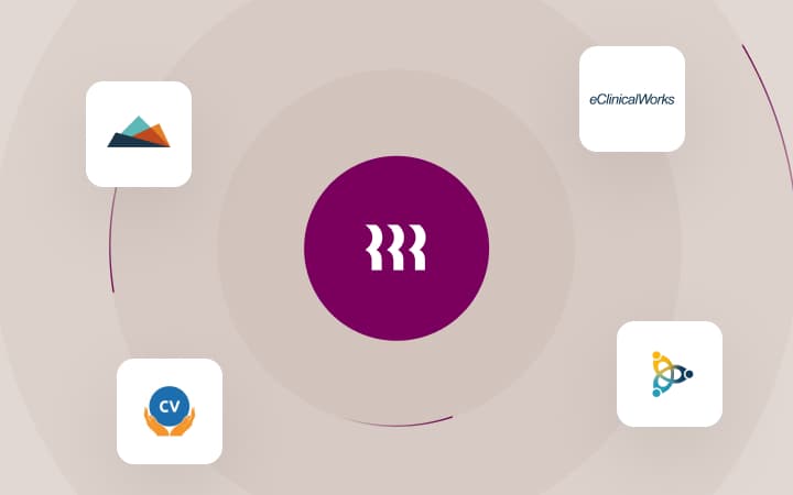 Central purple icon connected to four healthcare application icons.