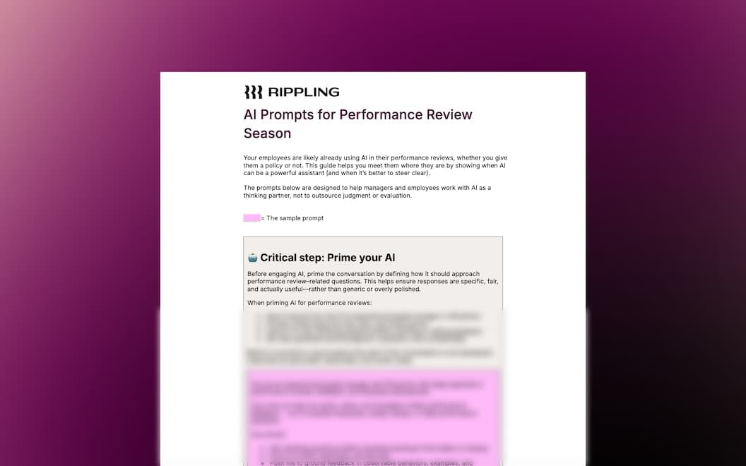 Rippling guide showing AI prompts for performance reviews with instructions on priming AI for specific, useful responses.