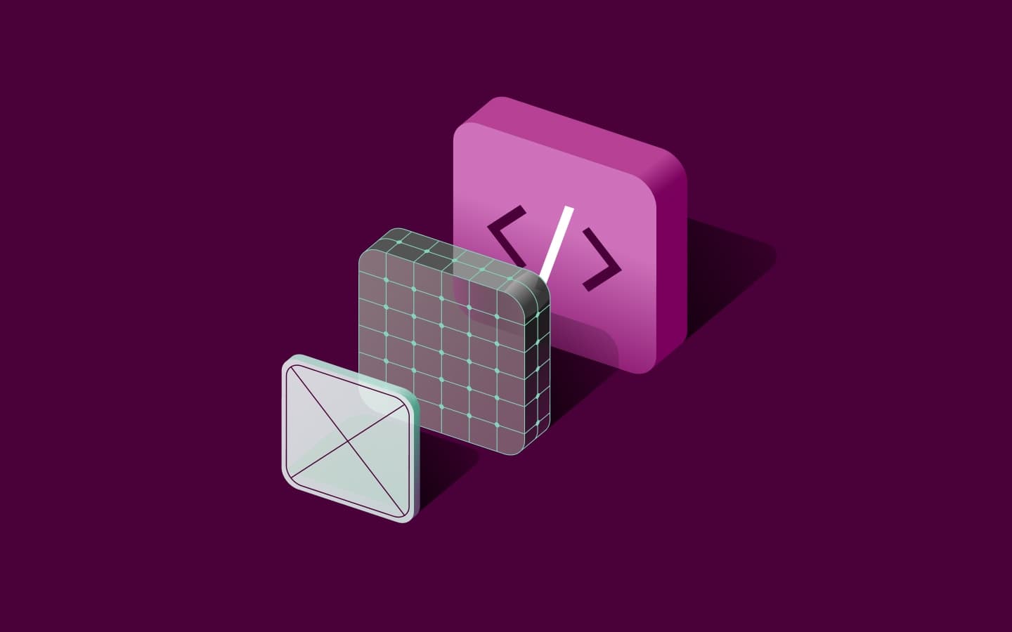 Three layered app tiles showing code brackets, a grid, and an envelope.