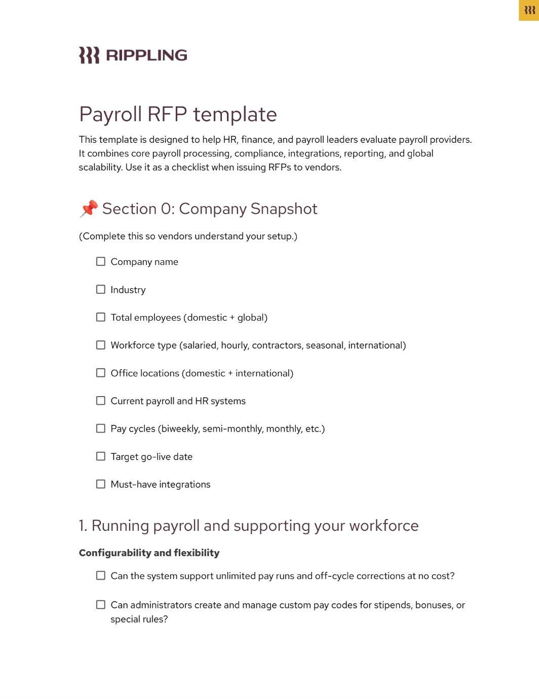 Payroll RFP template page