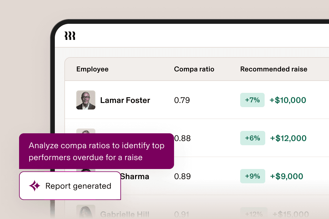 HR software dashboard showing employee compa ratios and recommended raises, with a tooltip about identifying top performers.
