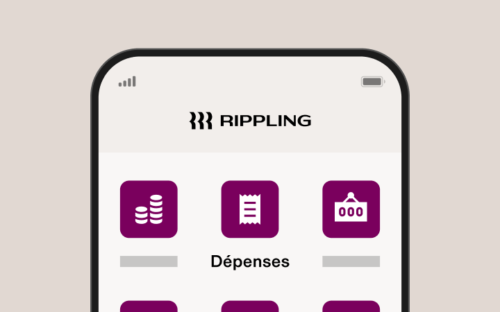 Téléphone intelligent affichant l’interface de l’application Rippling avec des icônes violettes et la section « Dépenses » visible sur un fond gris clair.