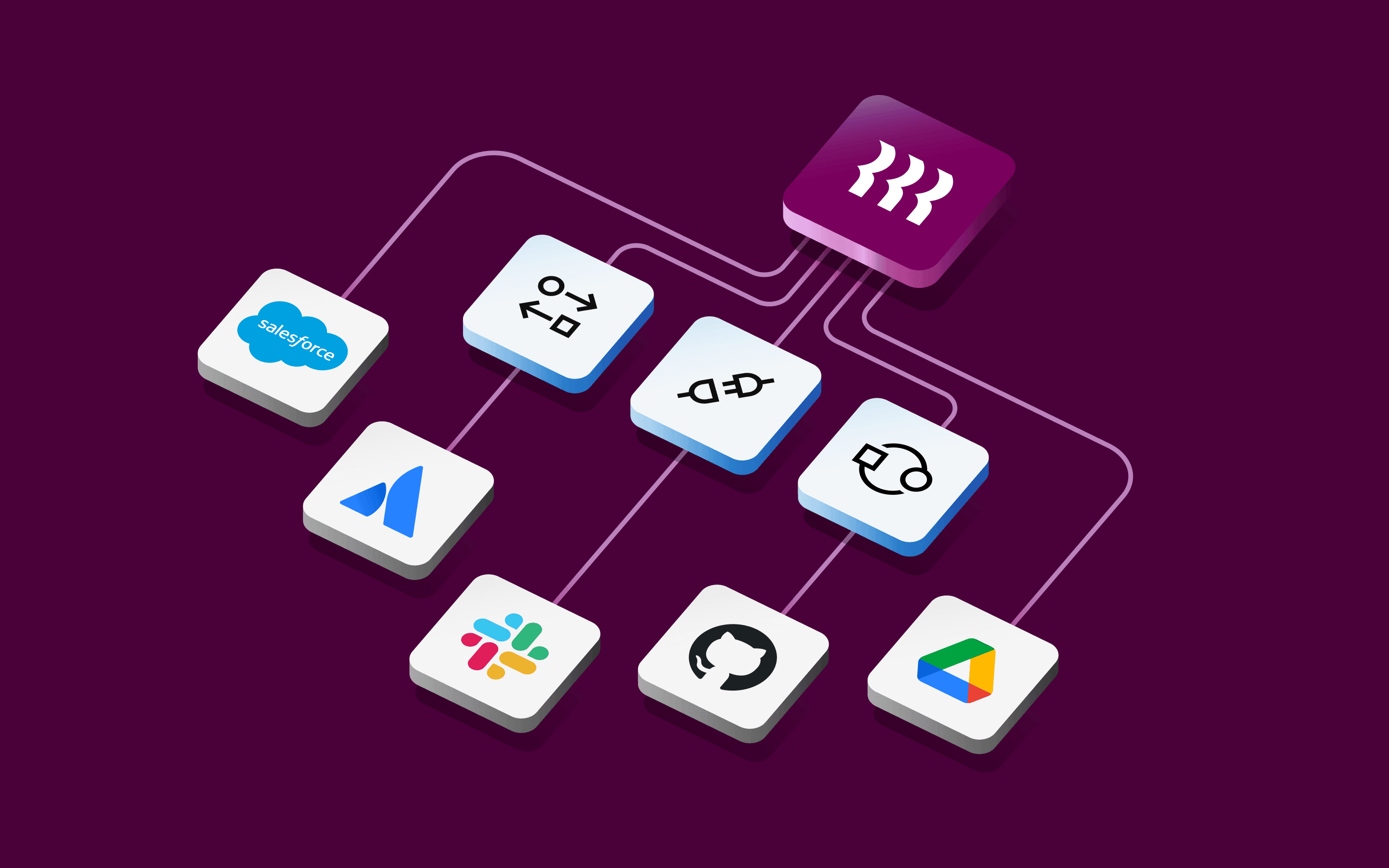 App integration tiles connected to a central purple symbol.