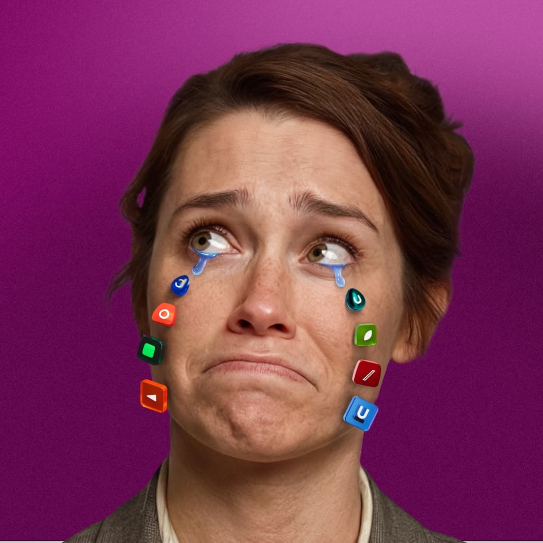 Sad short-haired person with colorful app icons falling like tears