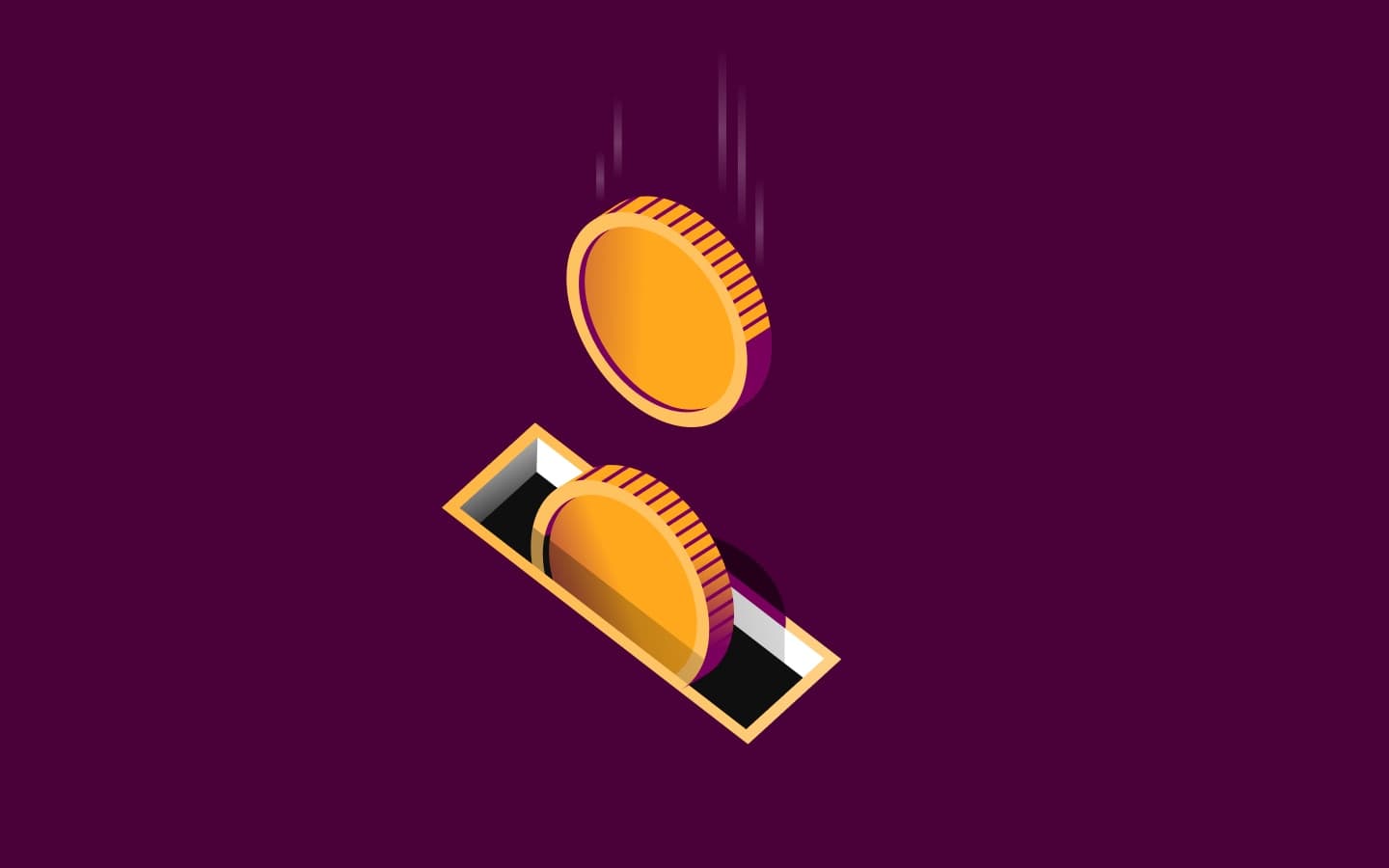 Two gold coins falling toward a narrow black slot on a purple background.