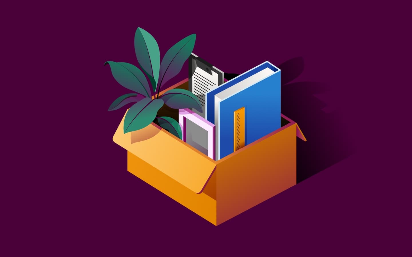Open box containing a plant, books, and file folders.