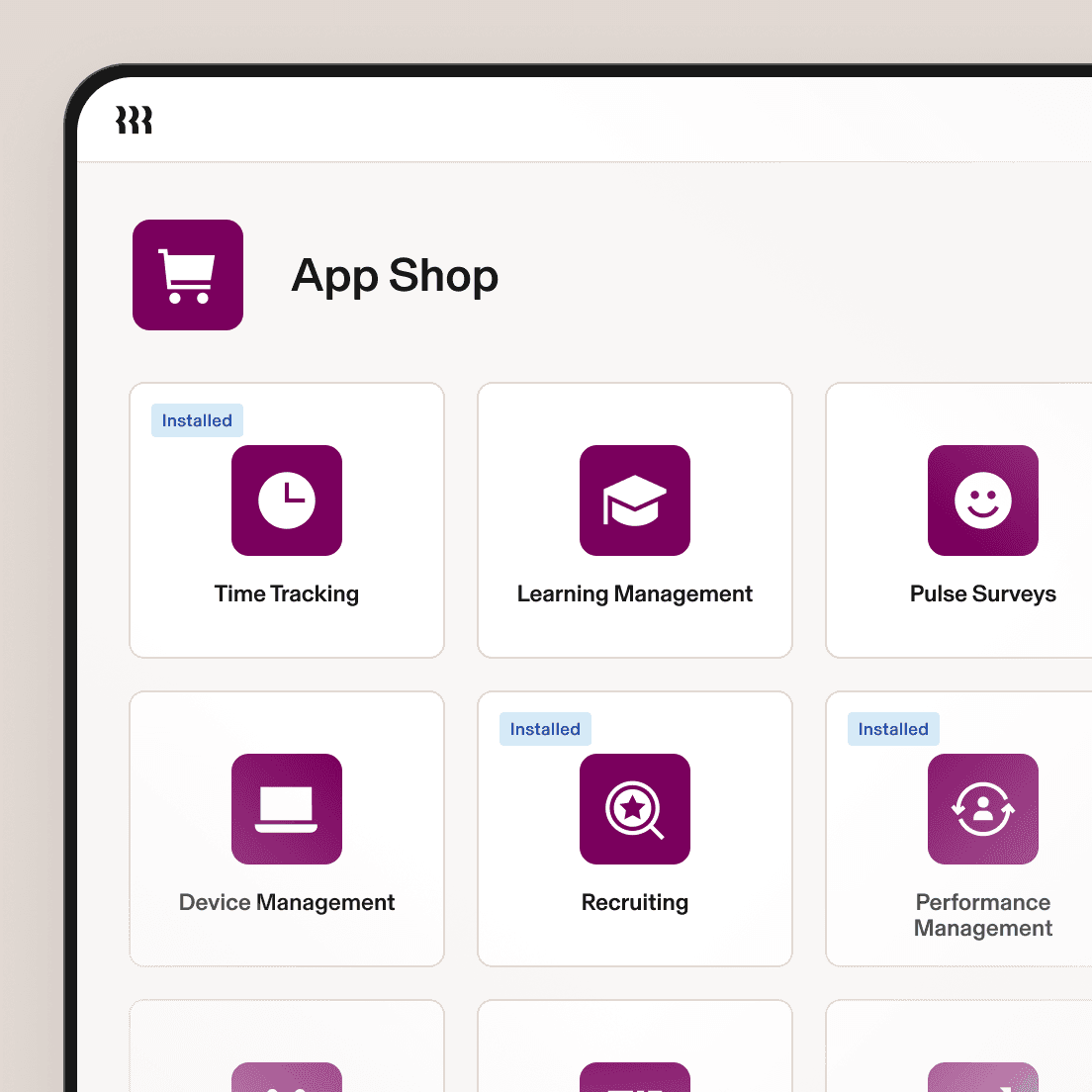App Shop interface showing HR applications including Time Tracking, Learning Management, and Recruiting with purple icons.