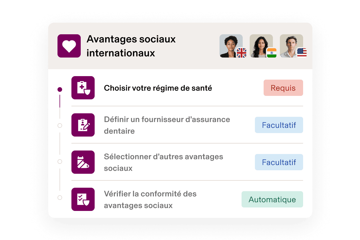 Interface d’inscription aux avantages sociaux internationaux affichant quatre étapes : choisir un régime de santé, définir l’assurance dentaire, sélectionner d’autres avantages et vérifier la conformité.