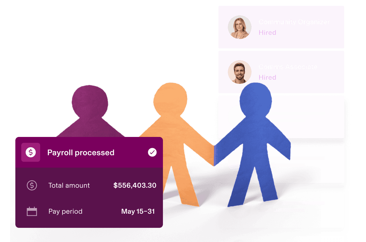 Paper-cut people beside hired-candidate and "Payroll processed" cards.