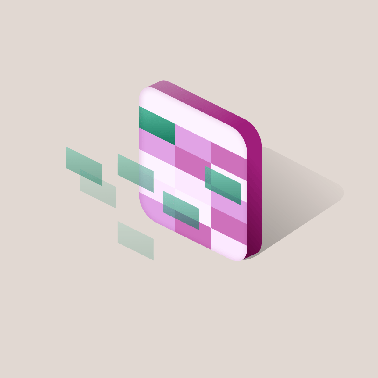 Isometric pink and green interface tile with floating rectangles