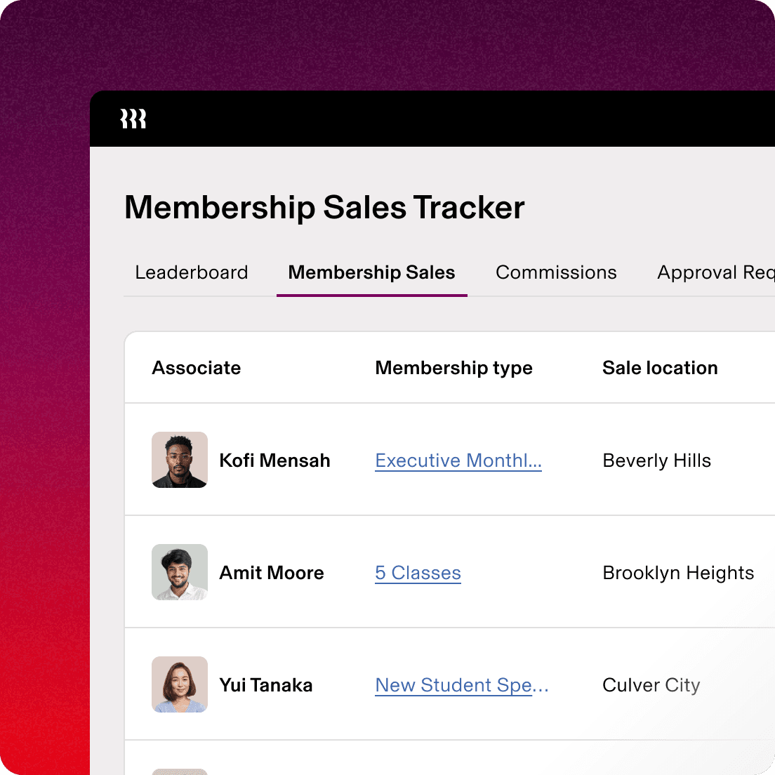 Screen in Rippling on a tablet titled "Membership Sales Tracker" with a list of sales associates by membership type and sales location