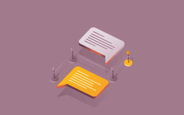 Graphic illustration of two messaging bubbles representing a conversation with four points representing a month of time