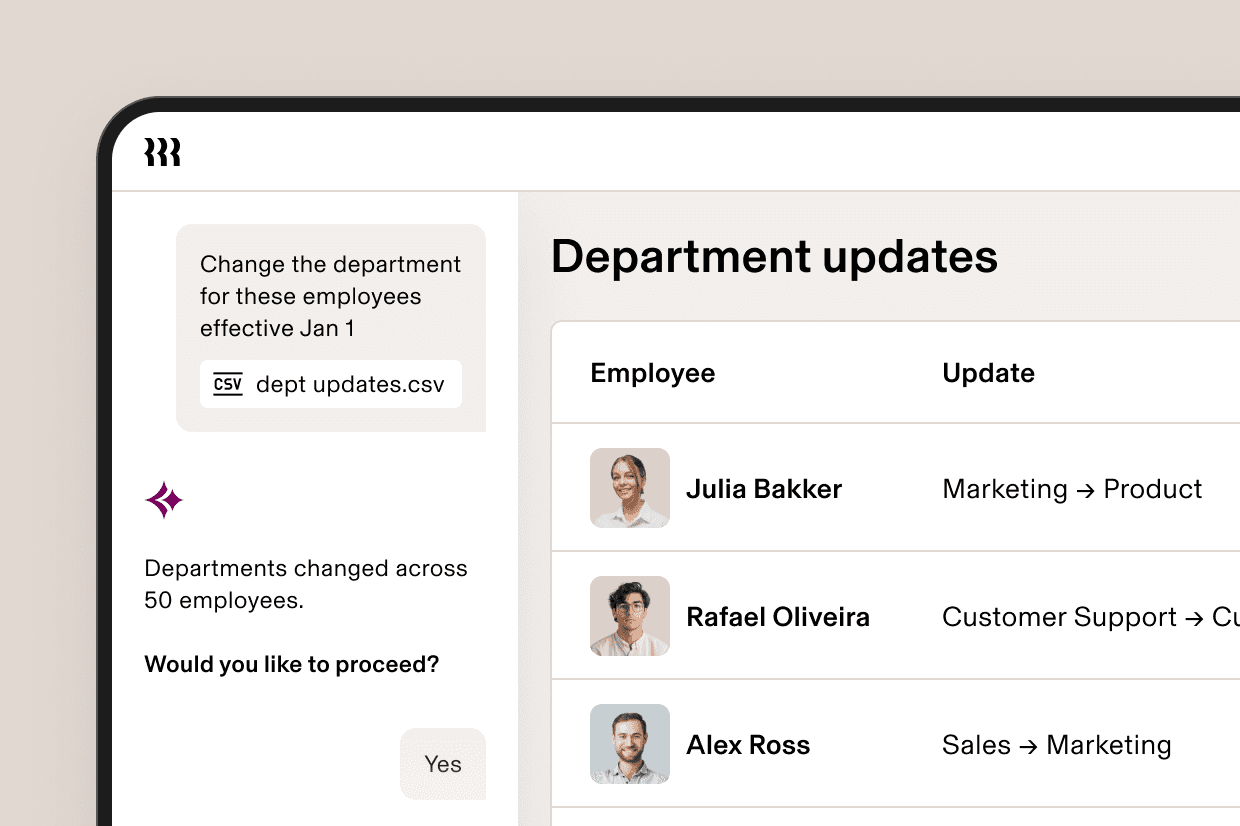 HR software UI showing department updates for employees, with a CSV upload prompt and a list of staff transfers.