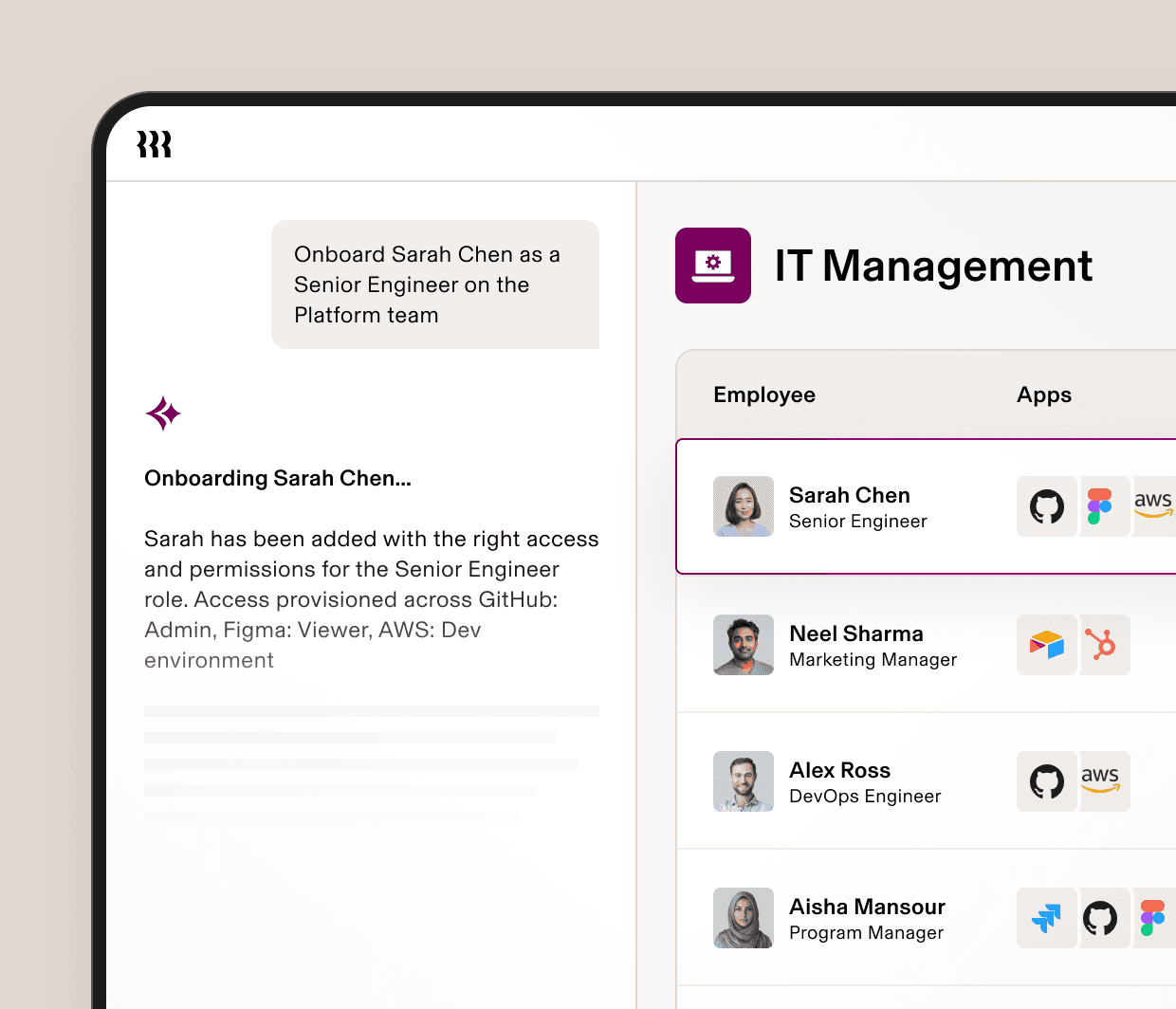 Screenshot of an IT management dashboard in Rippling showing employee onboarding, assigned apps and devices, and automated access provisioning for a new hire