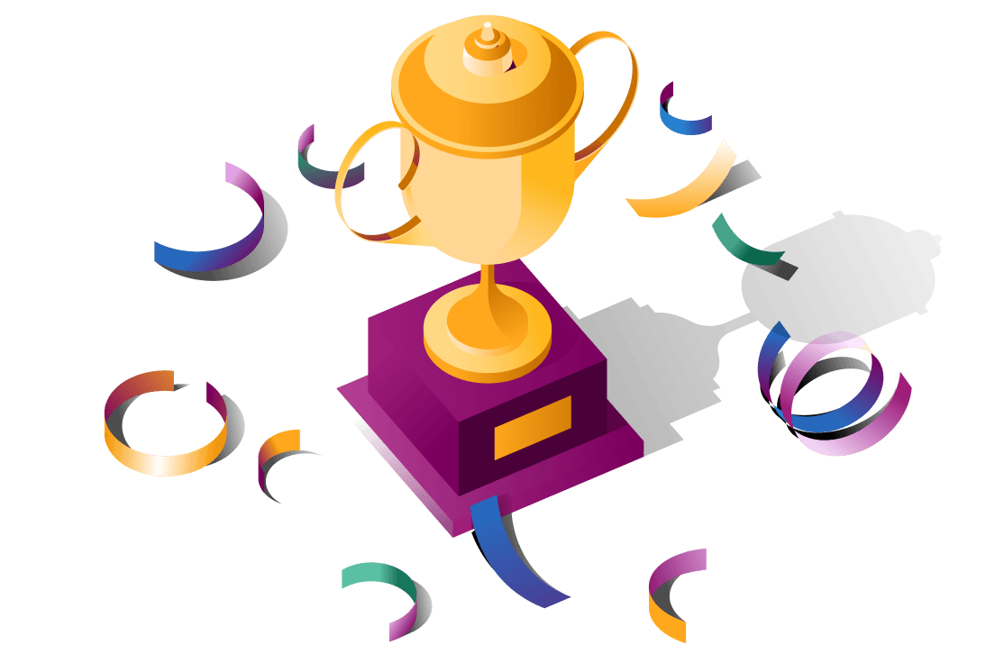 Golden trophy cup on purple pedestal surrounded by colorful confetti ribbons in a celebratory illustration.