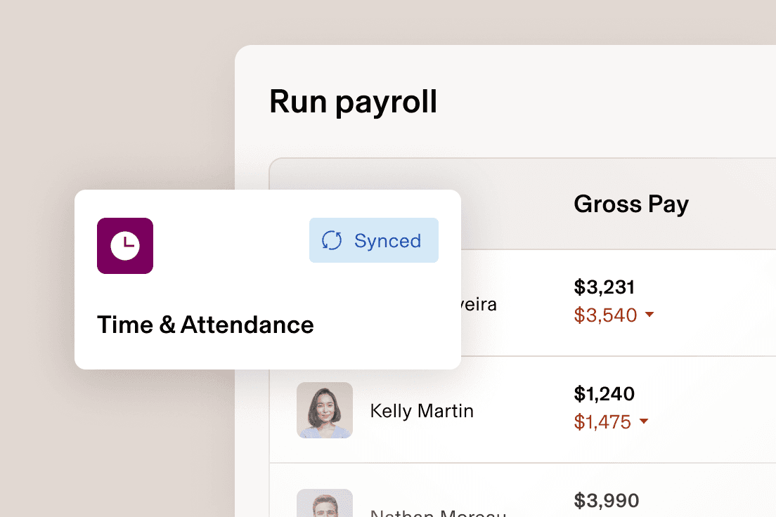 Payroll management interface showing "Run payroll" screen with Time & Attendance module, synced status, and employee gross pay amounts.